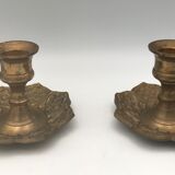 PAIR of BRASS table CANDLE HOLDERS with Flower Patterns