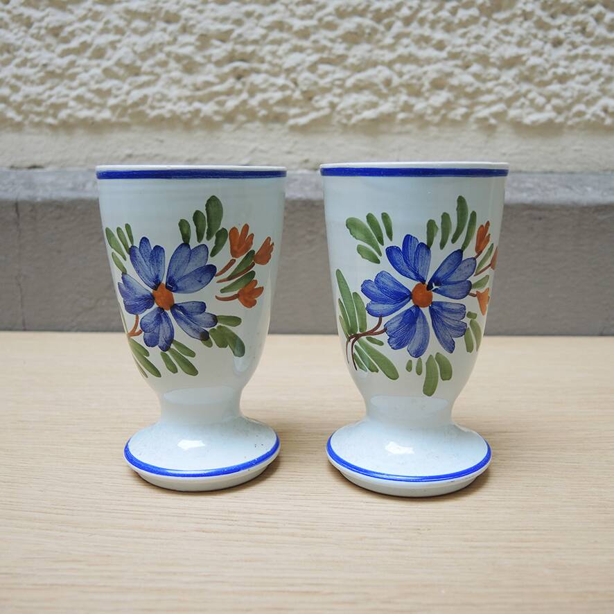 2 antique earthenware mazagrans with hand-painted floral decoration