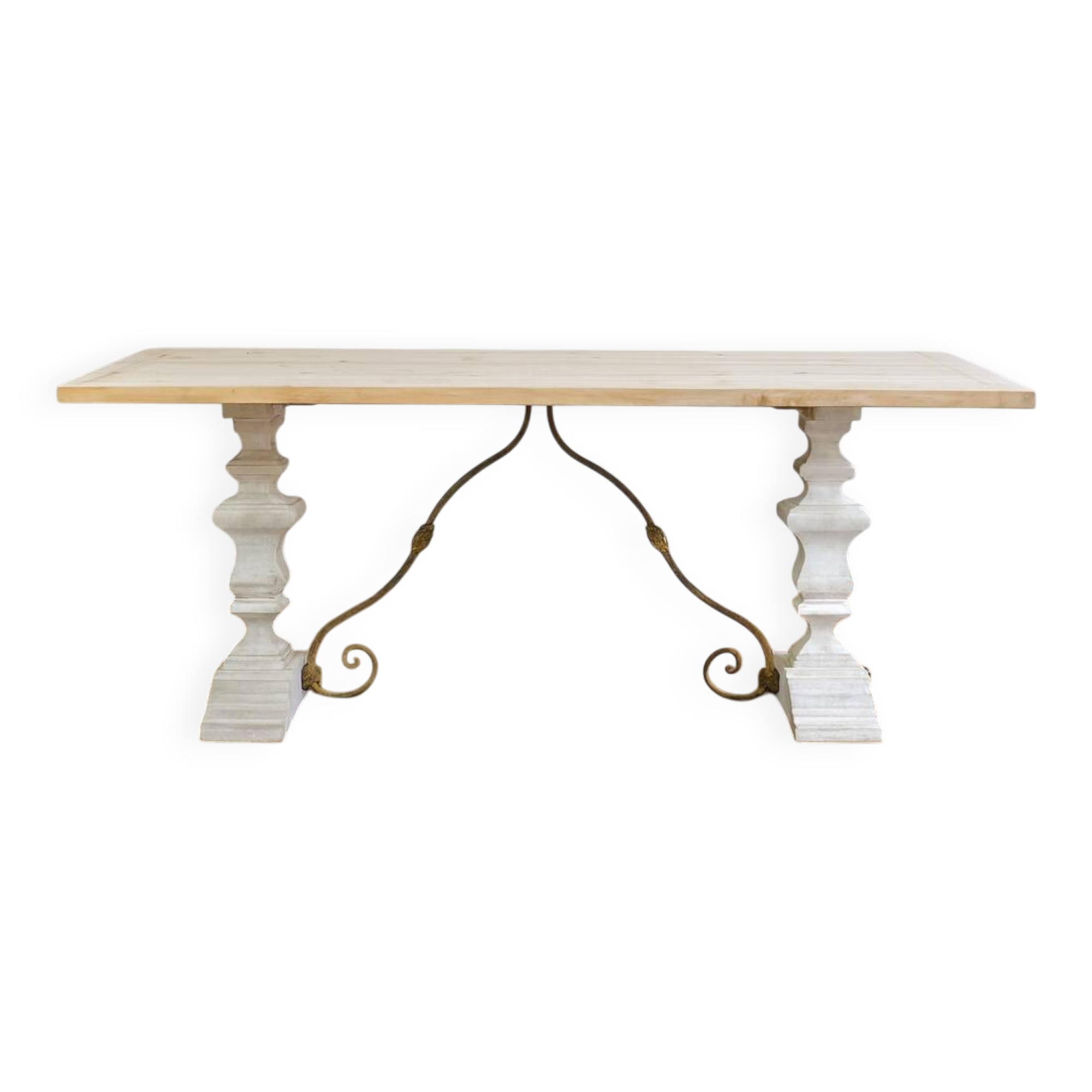 Industrial table with sandblasted top and bleached legs.