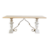 Industrial table with sandblasted top and bleached legs.