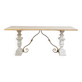 Industrial table with sandblasted top and bleached legs.