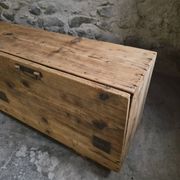 Old French industrial workshop furniture in pine / storage bench, circa 1880–1900
