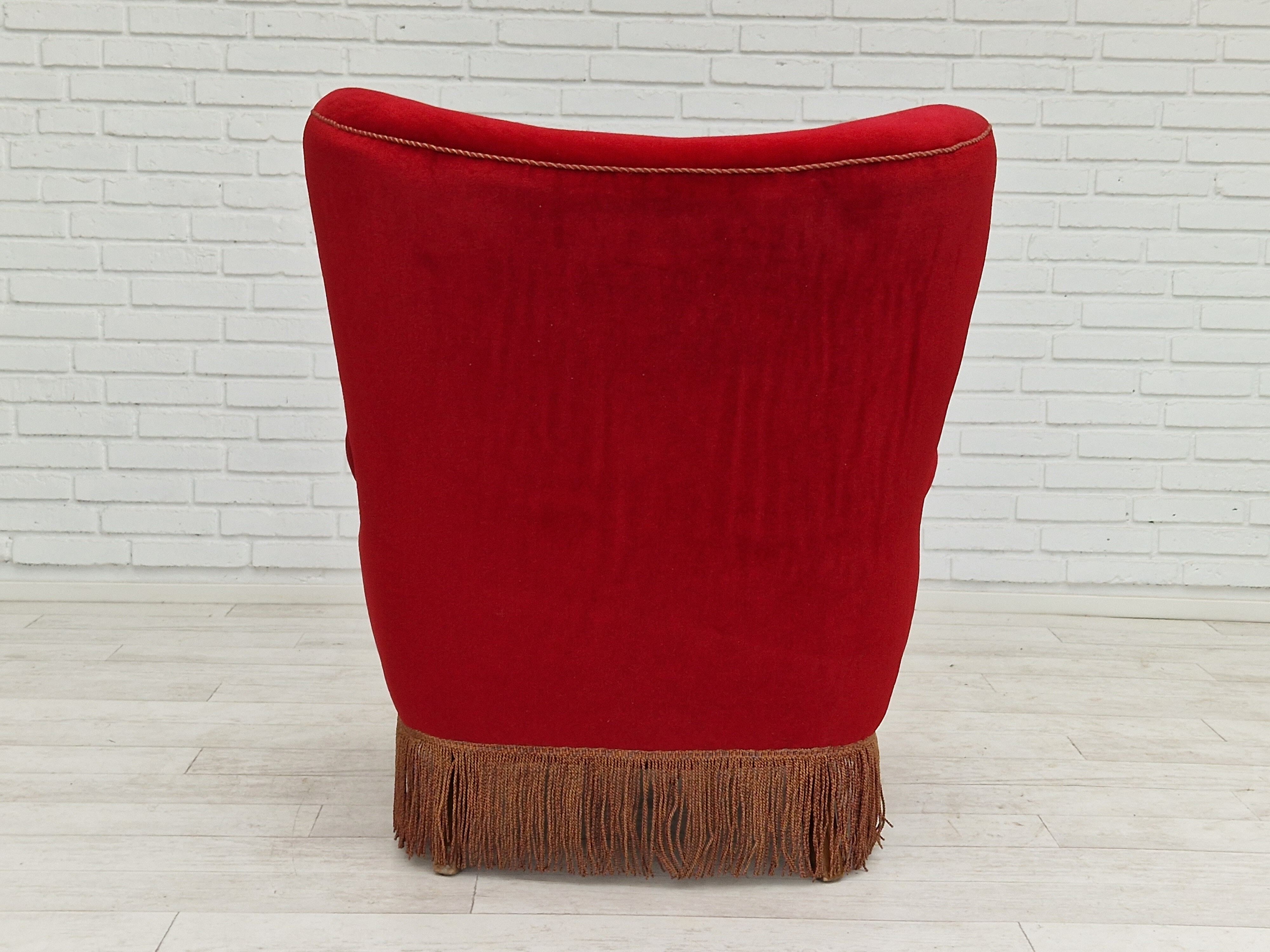 1960s, danish high back vintage armchair in cherry-red velour