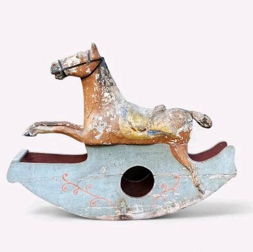 Ancien Cheval À Bascule XIXe Siècle En Bois Et Papier Mâché Peint