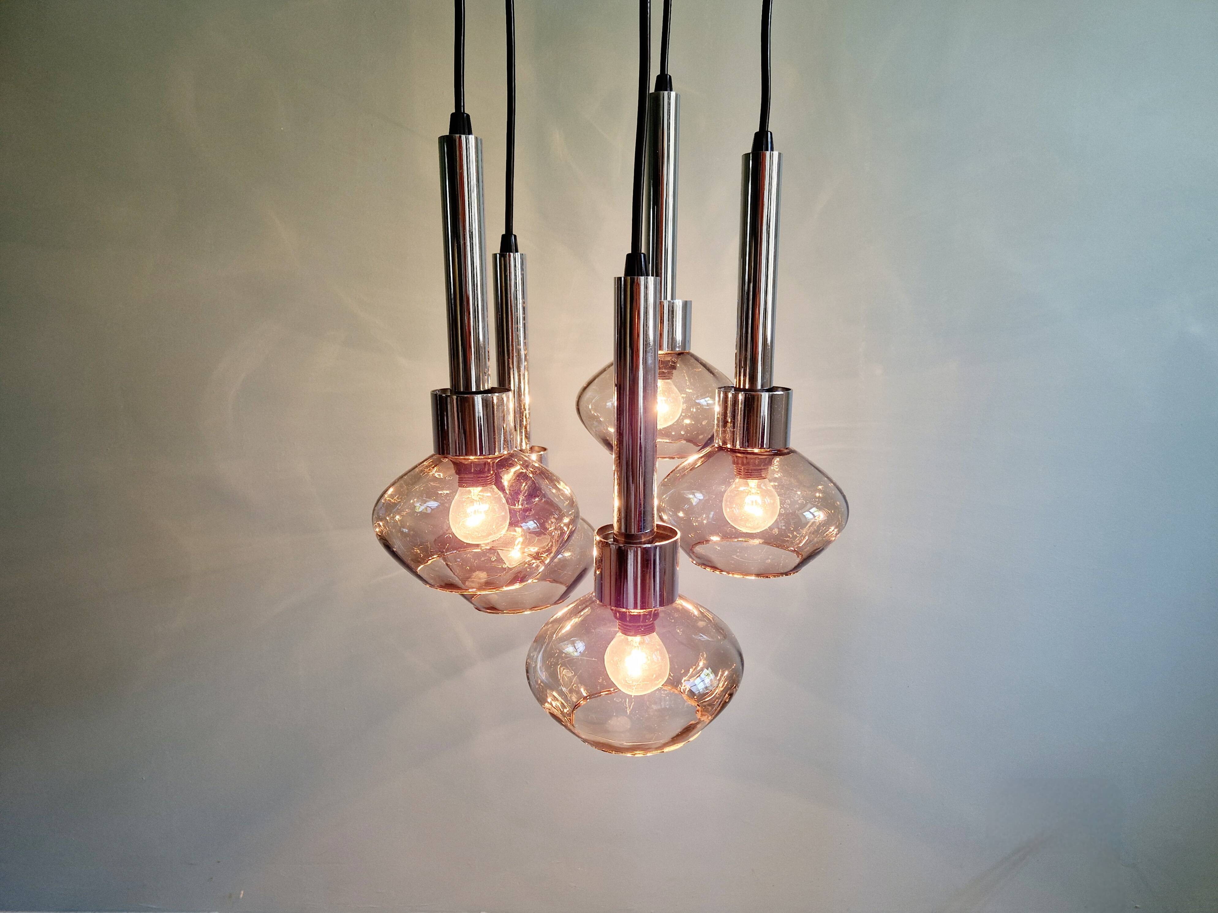 Cascade chandelier in chrome metal and smoked glass, 1970s