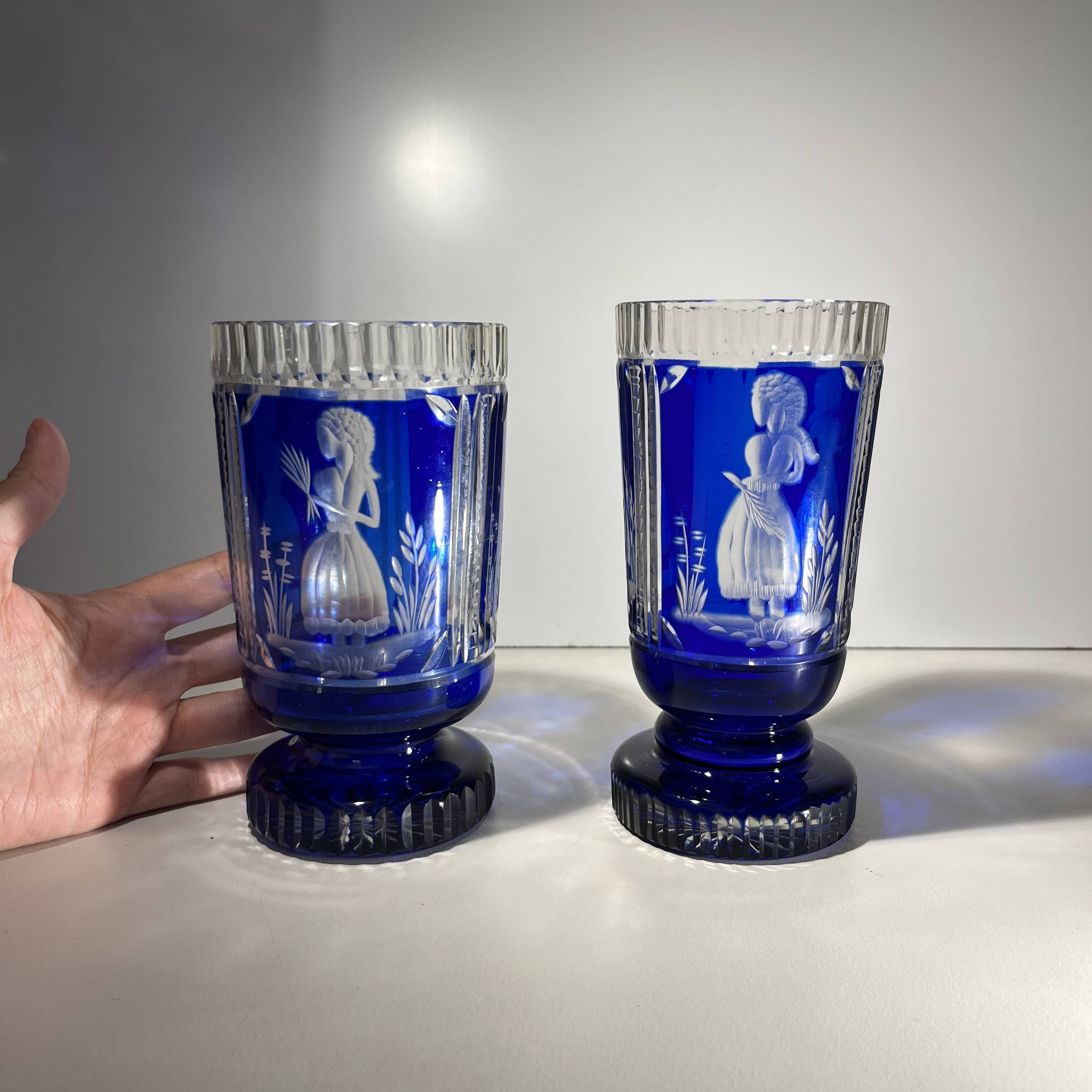 Bohemian crystal, set of 2 cobalt blue cut double glasses, ca 1900
