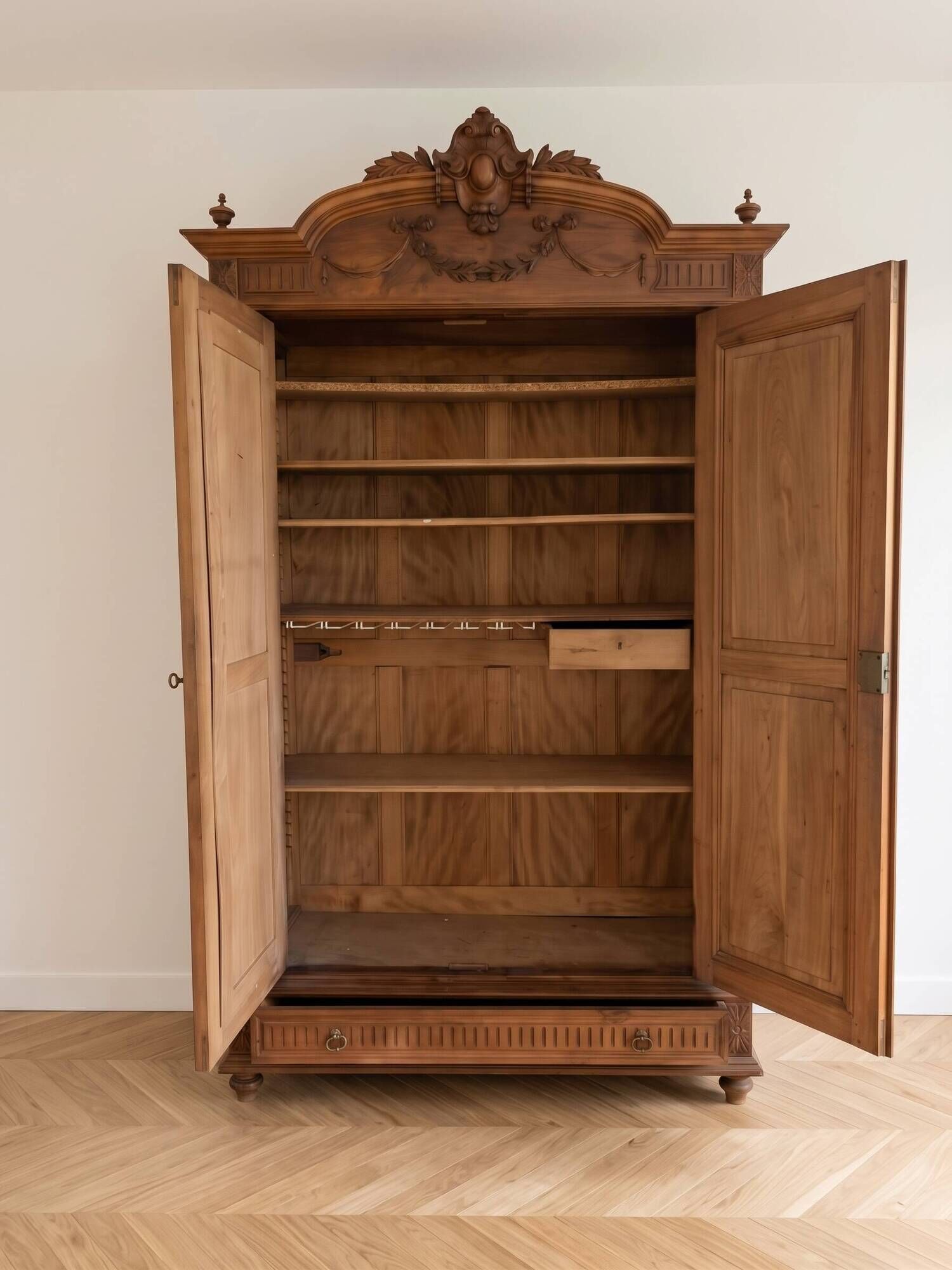 Antique solid wood wardrobe with mirror doors.