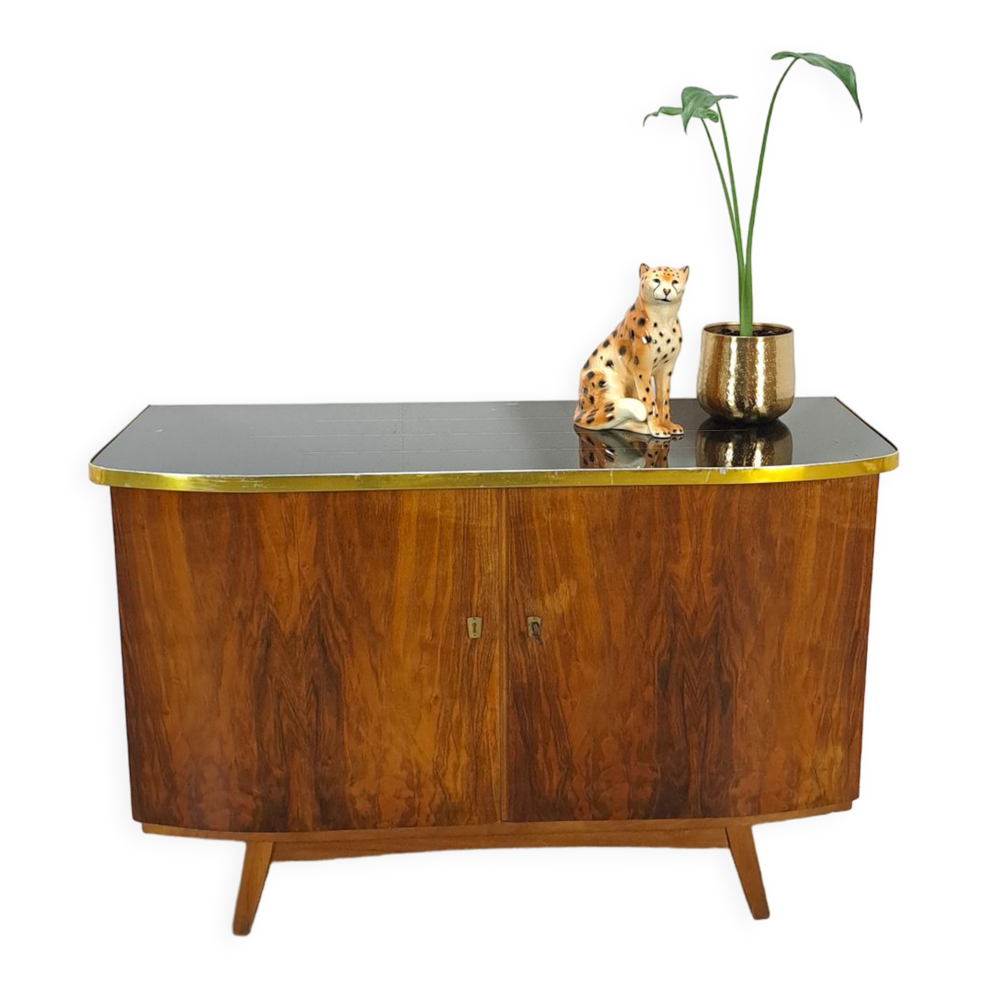 Buffet vintage avec plateau en verre et bord en laiton, meuble TV