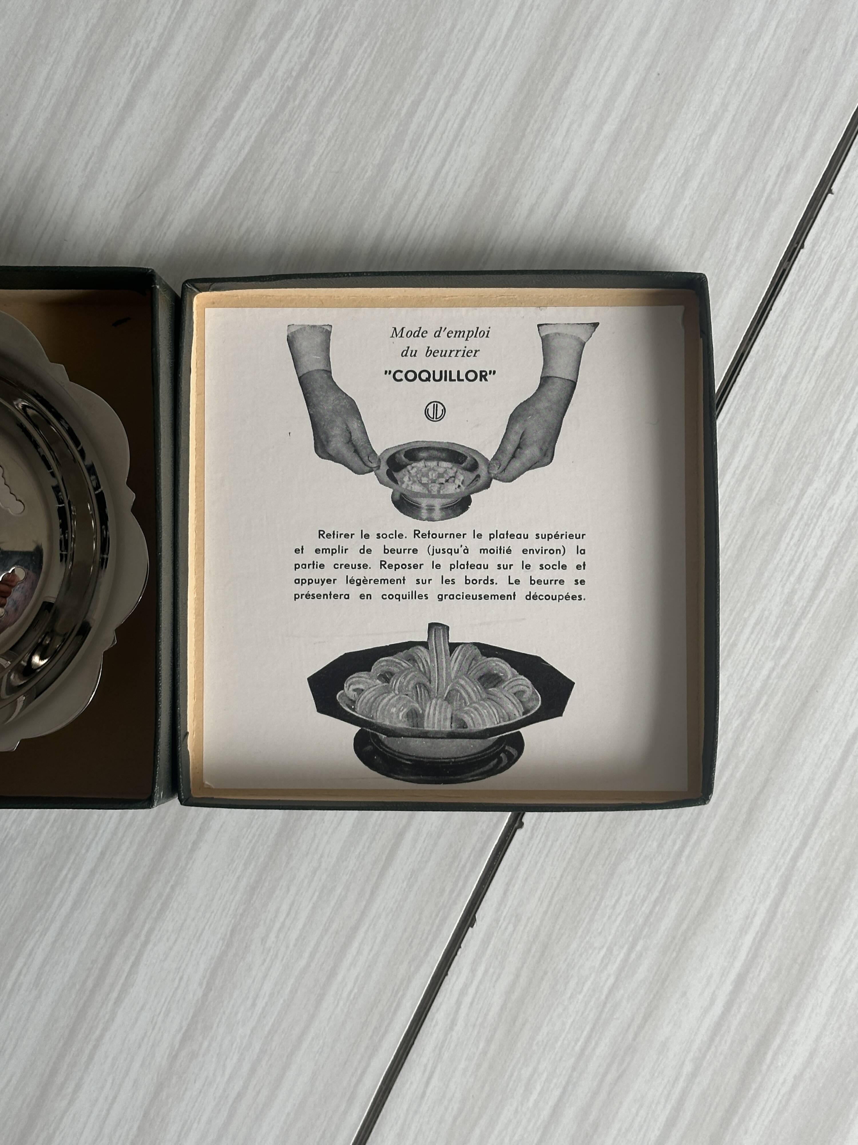 Vintage Coquillor butter dish in shiny metal