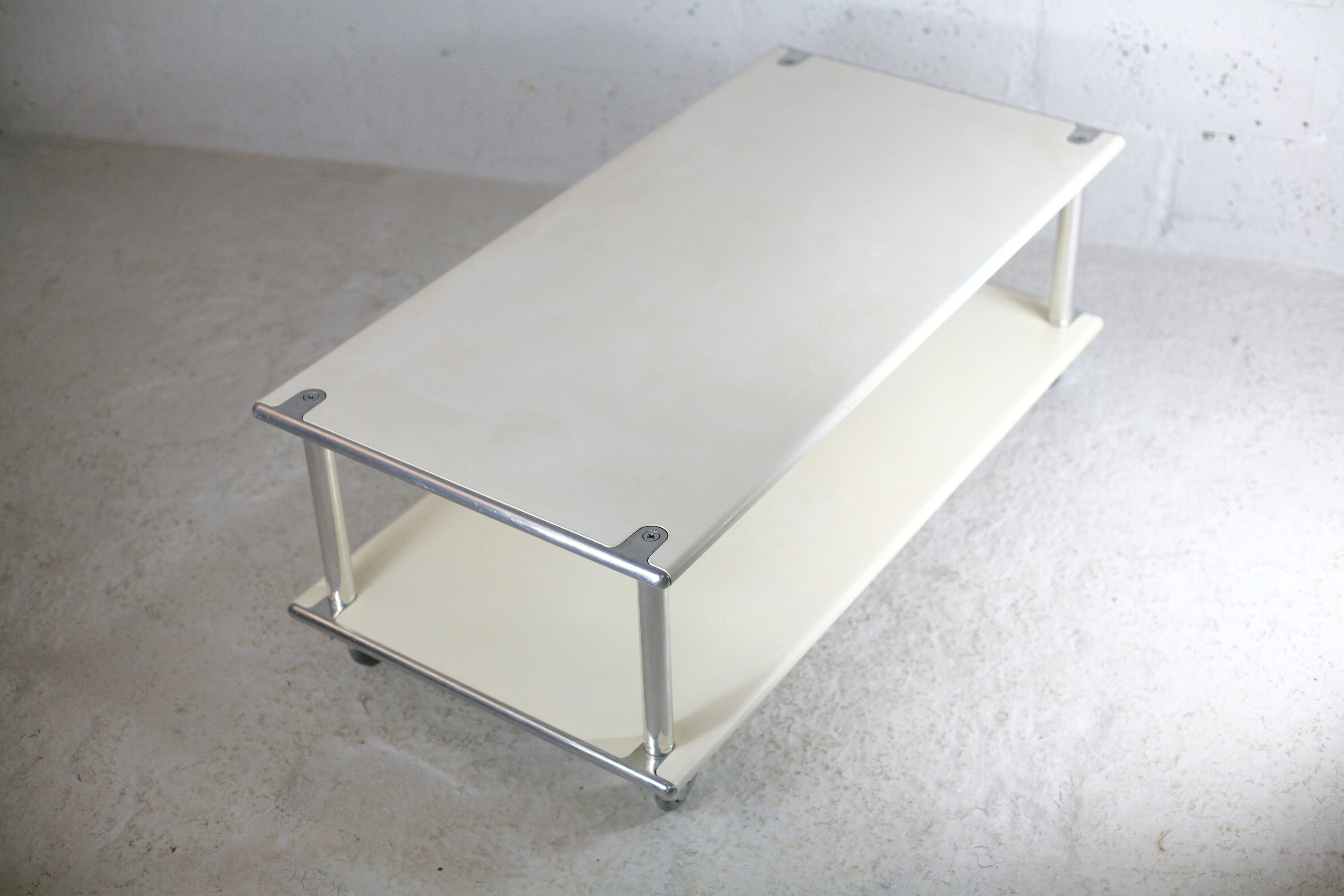 Coffee table in lacquered steel "cream", double trays, France, circa 1970