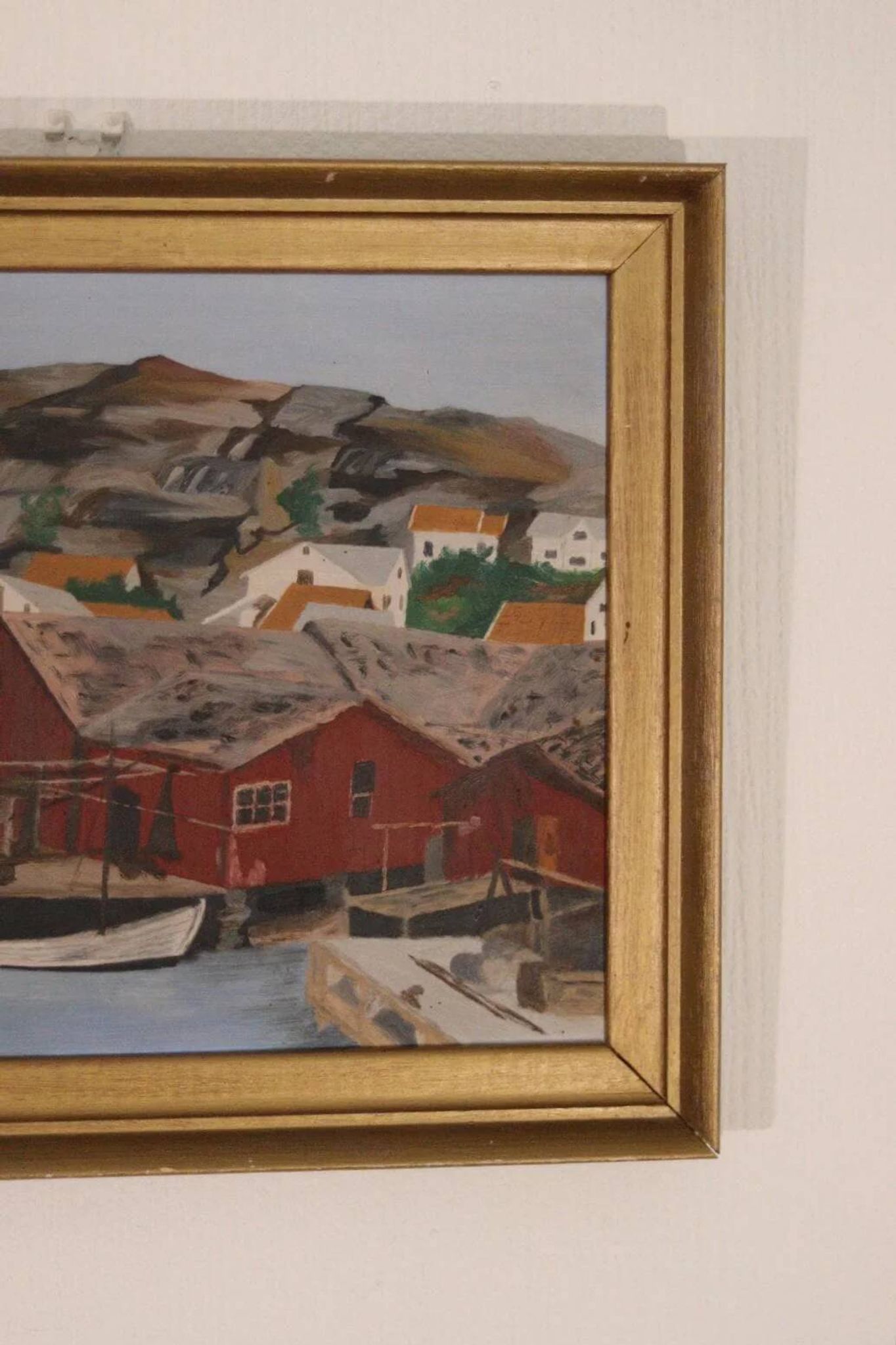 Huile sur panneau suédoise originale du milieu du siècle – ville côtière