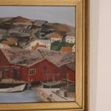 Huile sur panneau suédoise originale du milieu du siècle – ville côtière