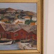 Huile sur panneau suédoise originale du milieu du siècle – ville côtière