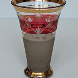 Granite art deco bohemian crystal vase with cranberry pink band and gold edging