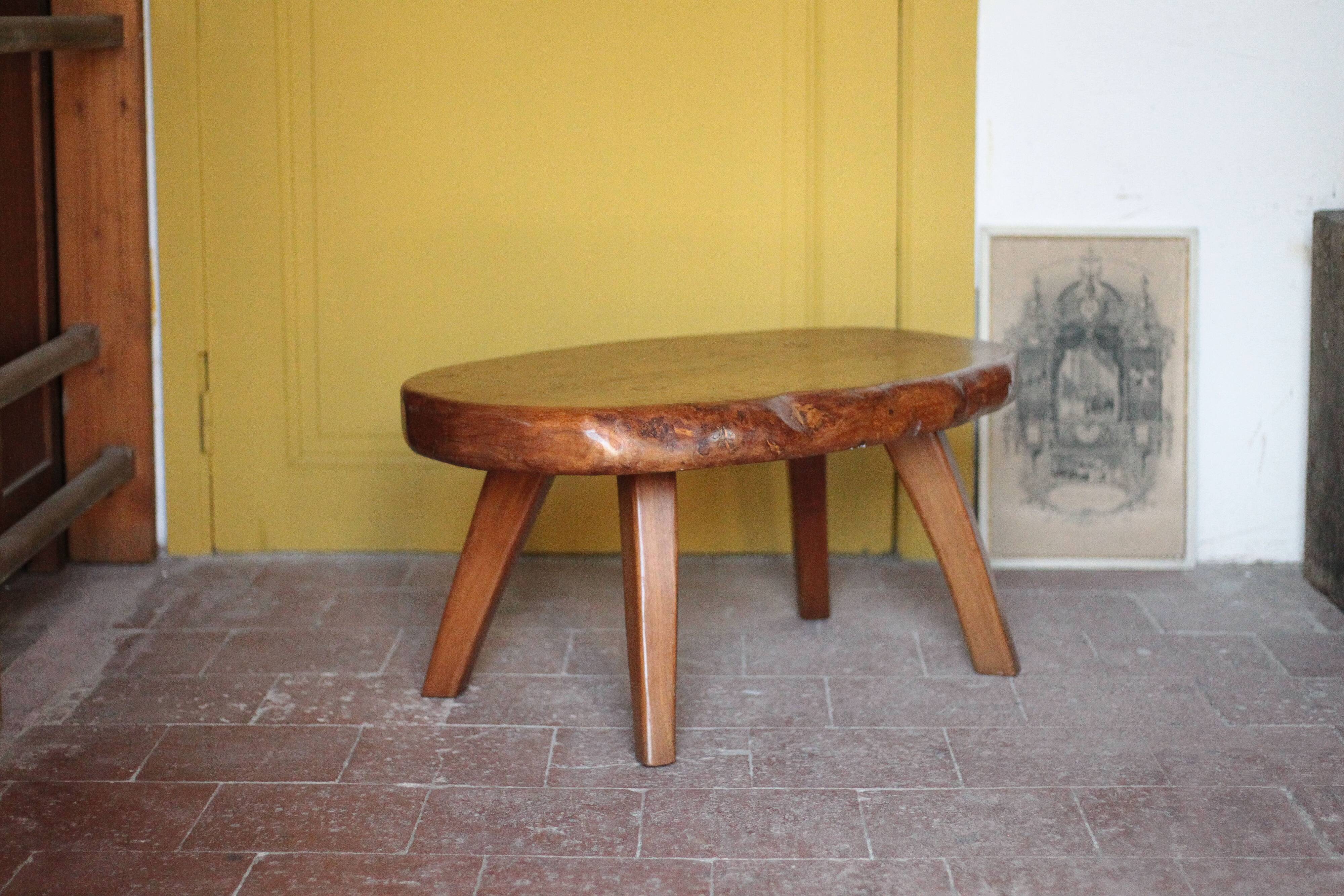 Brutalist coffee table made of elm burl, interior decor, living room table.