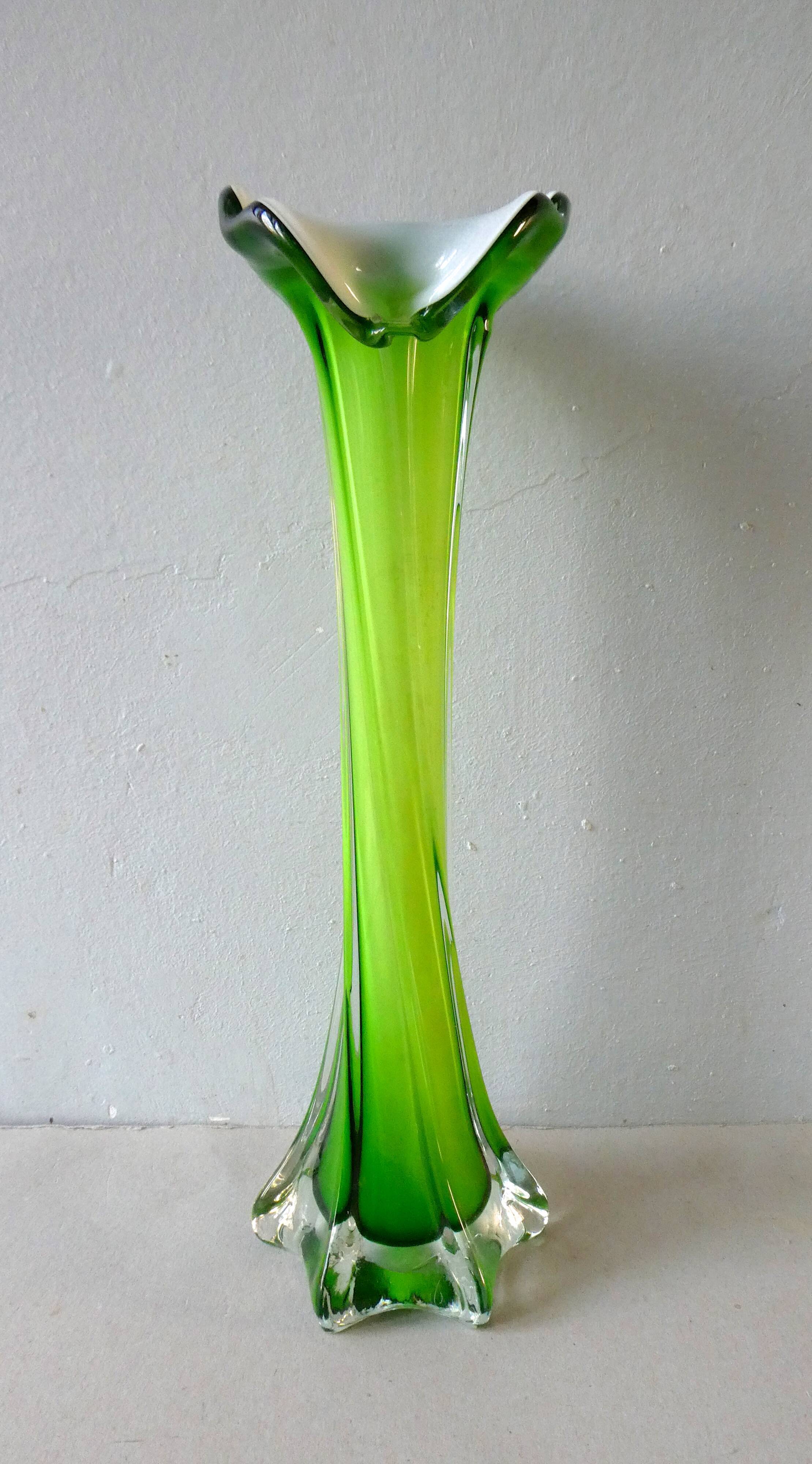 Corolla vase in blown glass, double layer green and white