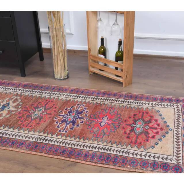 Vintage Turkish Oushak Handmade Wool Cotton Red Runner 87x369