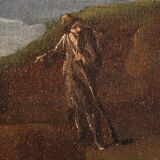 Antique Genoese painting from the 18th century, monks praying in a cave