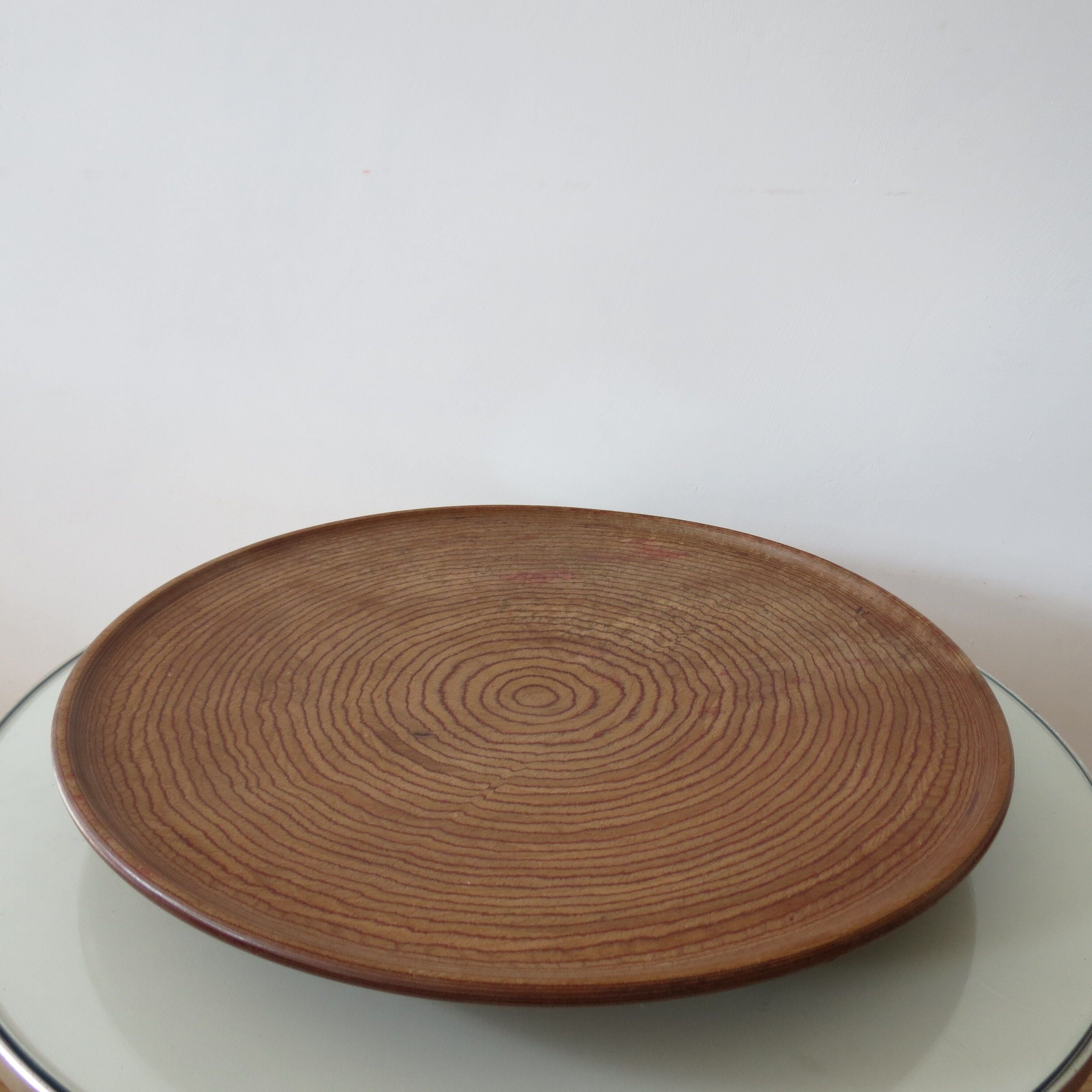 1950s wooden circular flat bowl plate pink beech