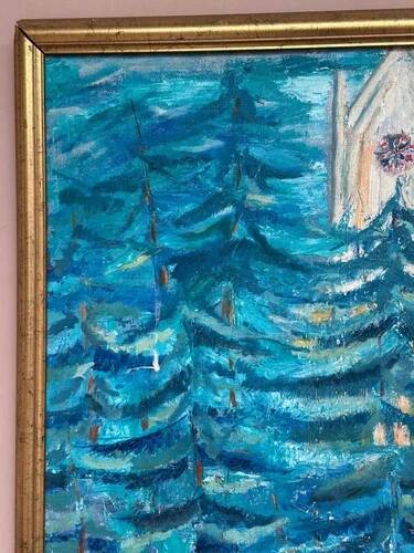 Mid-Century Oil on Canvas “Blue Trees” by Ag Liljardh– Vintage & Framed