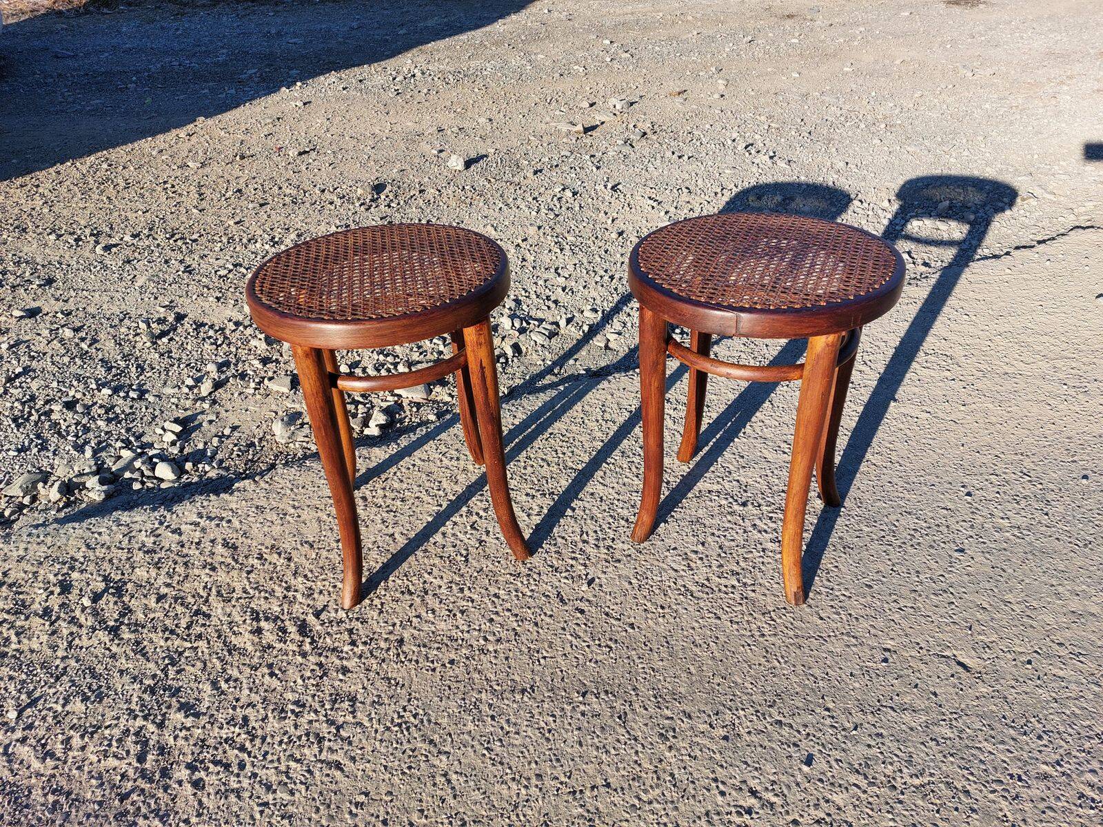 Pair of low caned stools signed Thonet - 1920s