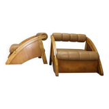 1970s Pair of Rare Oak Armchairs Upholstered in  Leatherette, Czechoslovaki