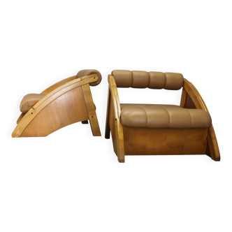 Paire de fauteuils en chêne et similicuir, Tchécoslovaquie années 1970