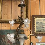 19th century brass and bronze chandelier, Napoleon III, illuminated by 6 tulips and a central globe