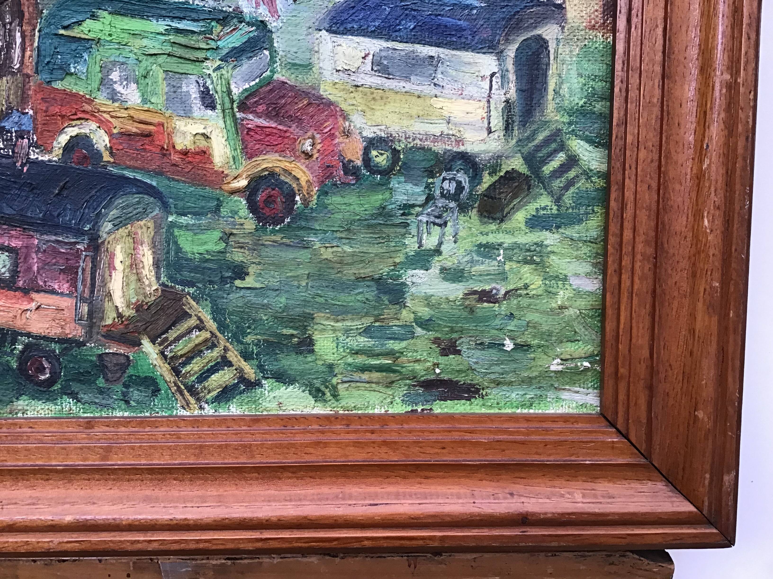 Oil on canvas representing a gypsy or fairground camp
