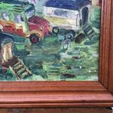 Oil on canvas representing a gypsy or fairground camp