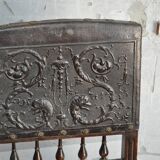 Pair of antique wooden and brown leather dining chairs, brass studs.
