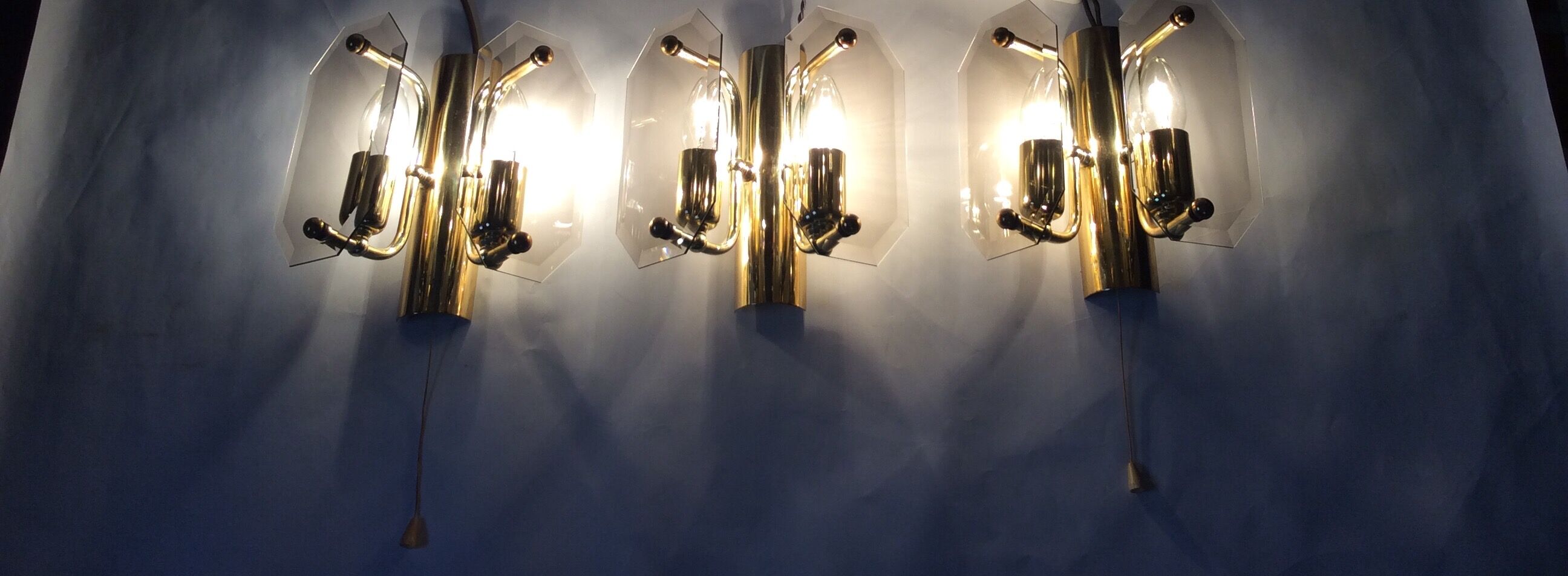 3 brass and vintage glass wall sconces