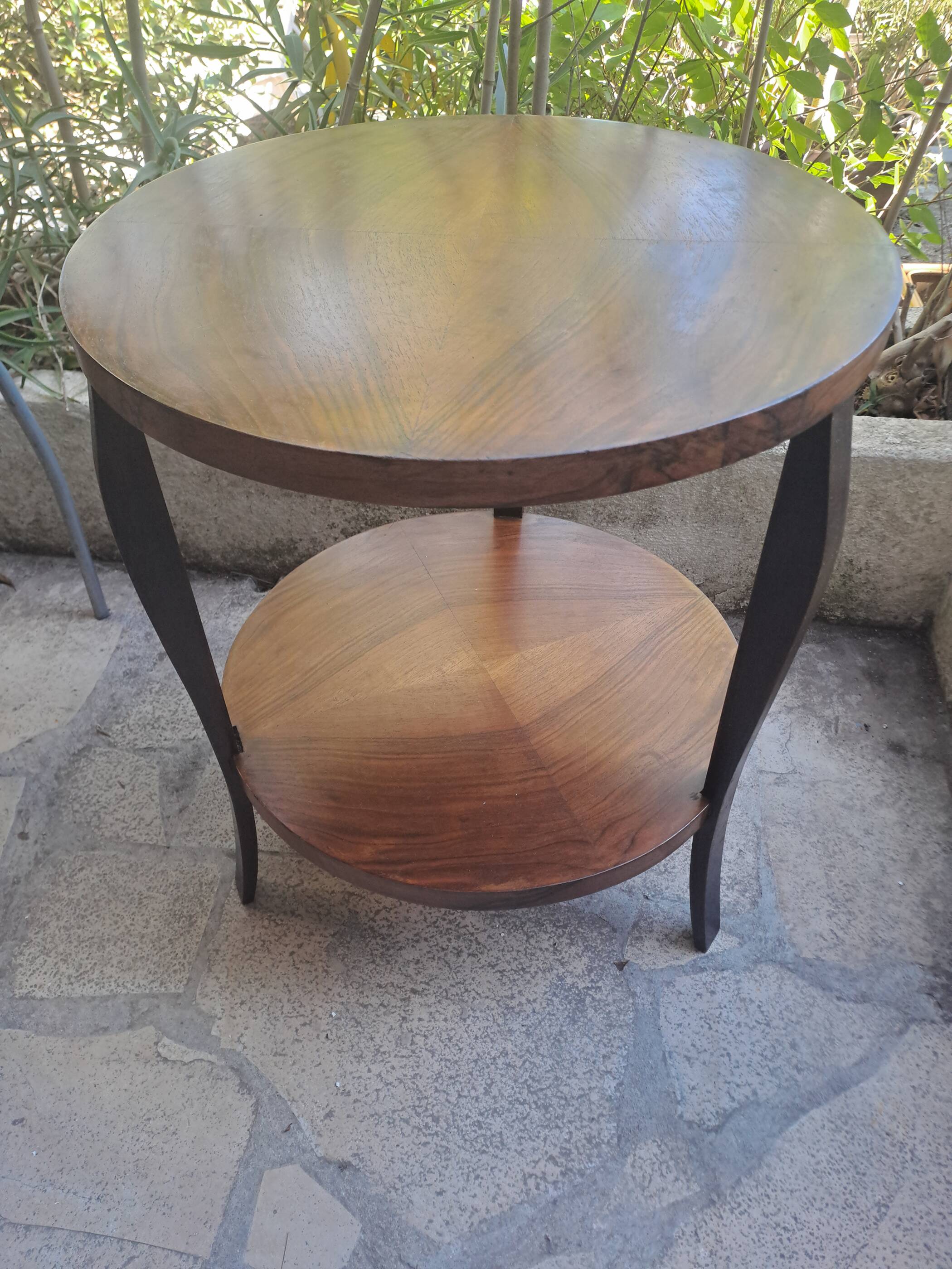 Table basse ronde en bois massif 1970 à double plateau