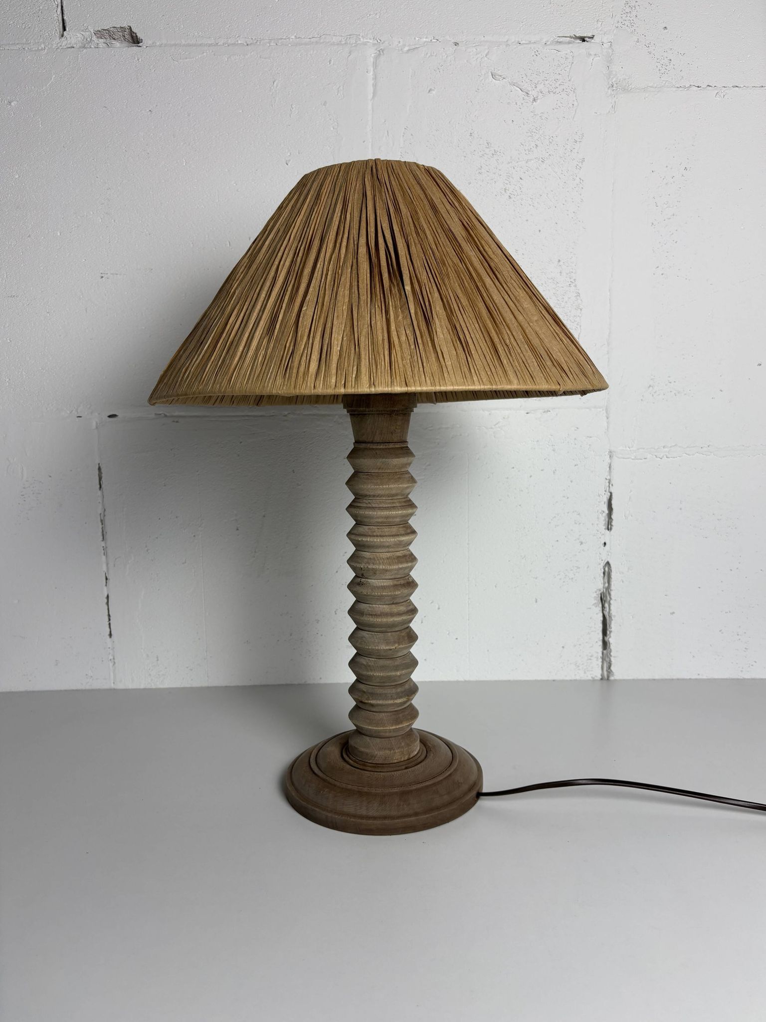 Wabi sabi brutalist wood turned table lamp in the style of Charles Dudouyt