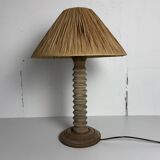 Wabi sabi brutalist wood turned table lamp in the style of Charles Dudouyt