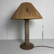 Wabi sabi brutalist wood turned table lamp in the style of Charles Dudouyt