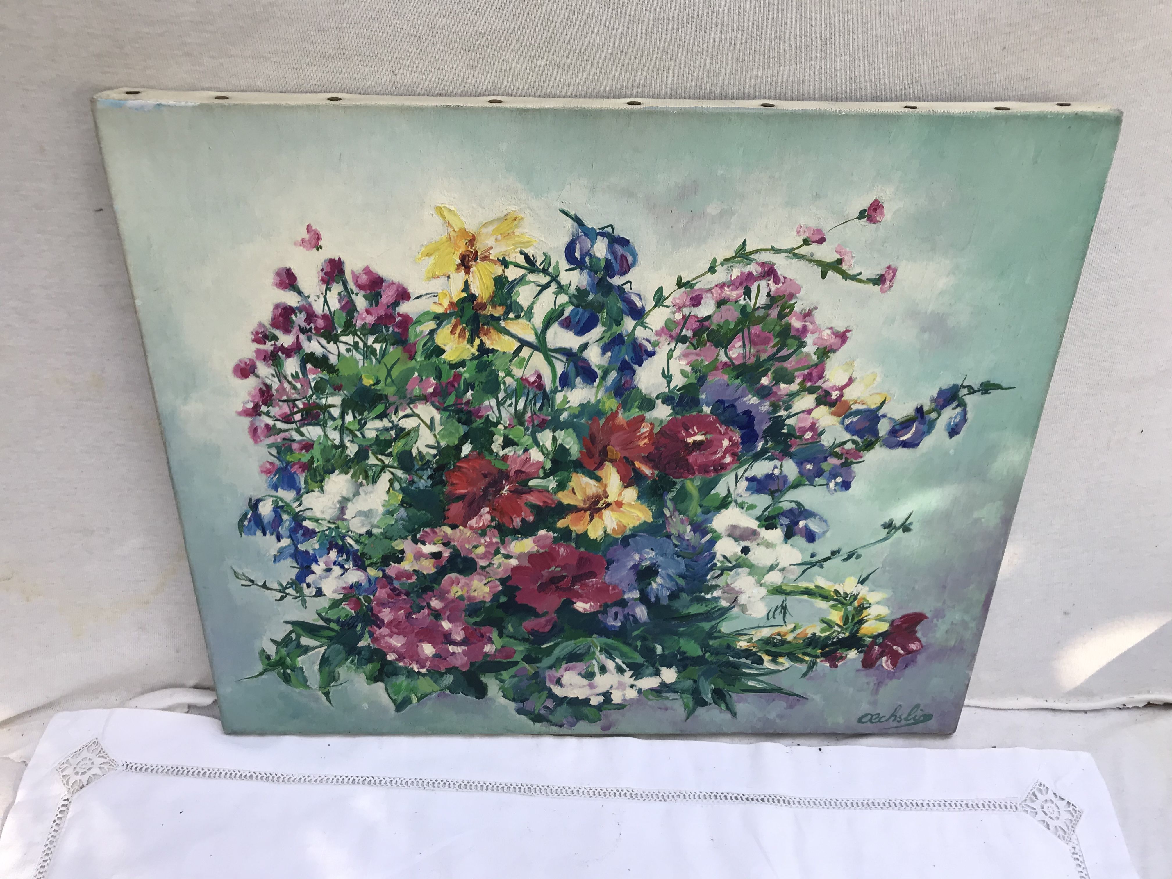 Painting painting oil on canvas Oechslin "bouquet de fleurs" vintage