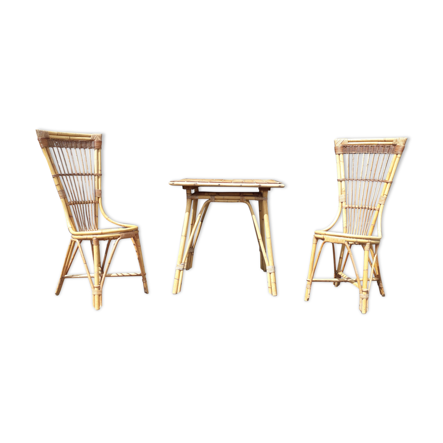 Pair of chairs and rattan table, vintage wicker XXth
