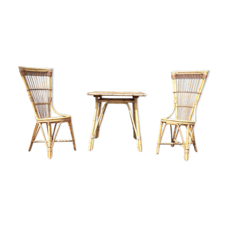 Paire de chaises et table rotin osier vintage XXème