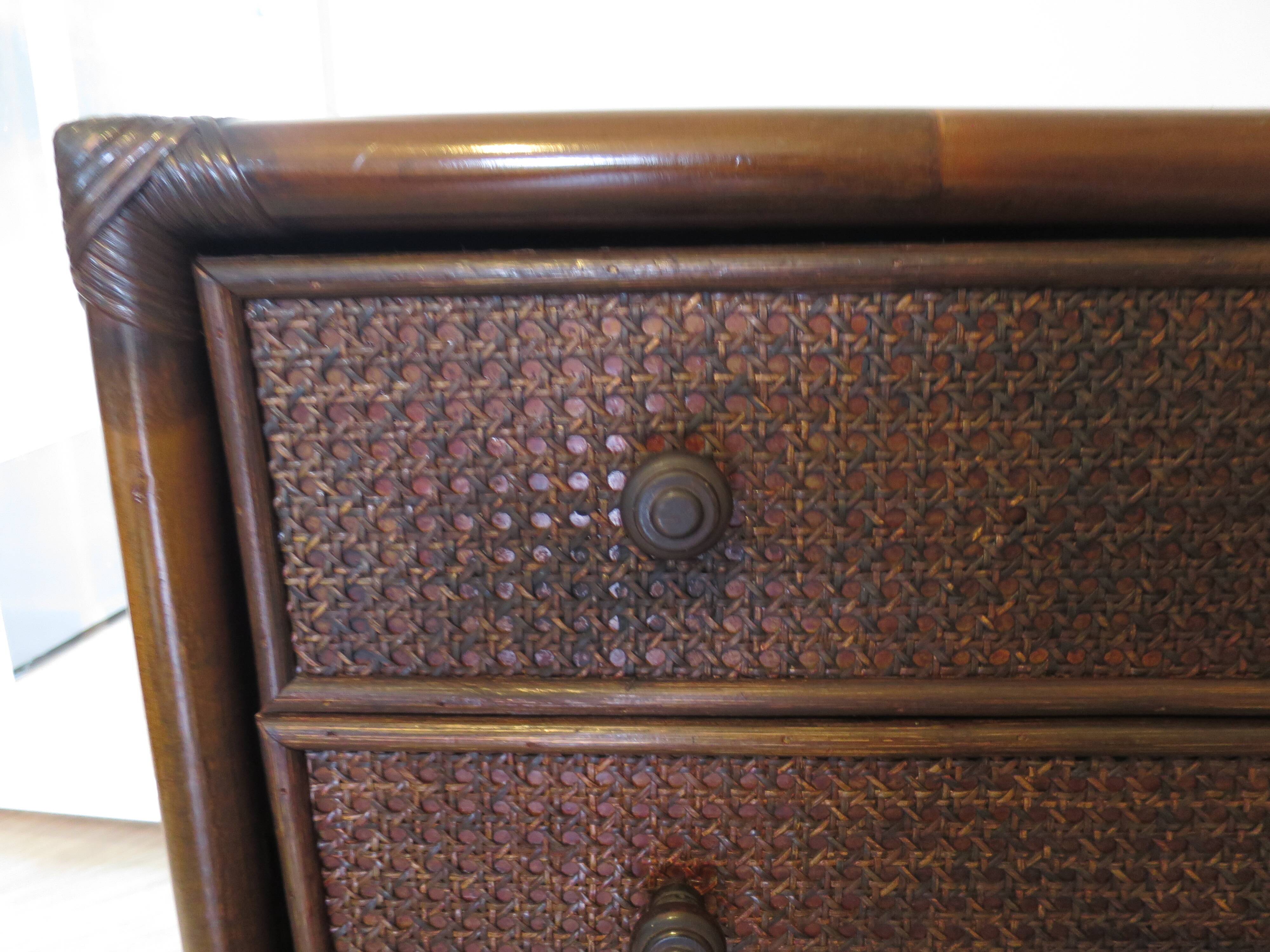 Vintage 3-drawer chest of drawers - wood, bamboo and woven rattan - 1980s