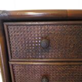 Vintage-commode 3 tioirs -bois bambou et rotin tressé - années 80