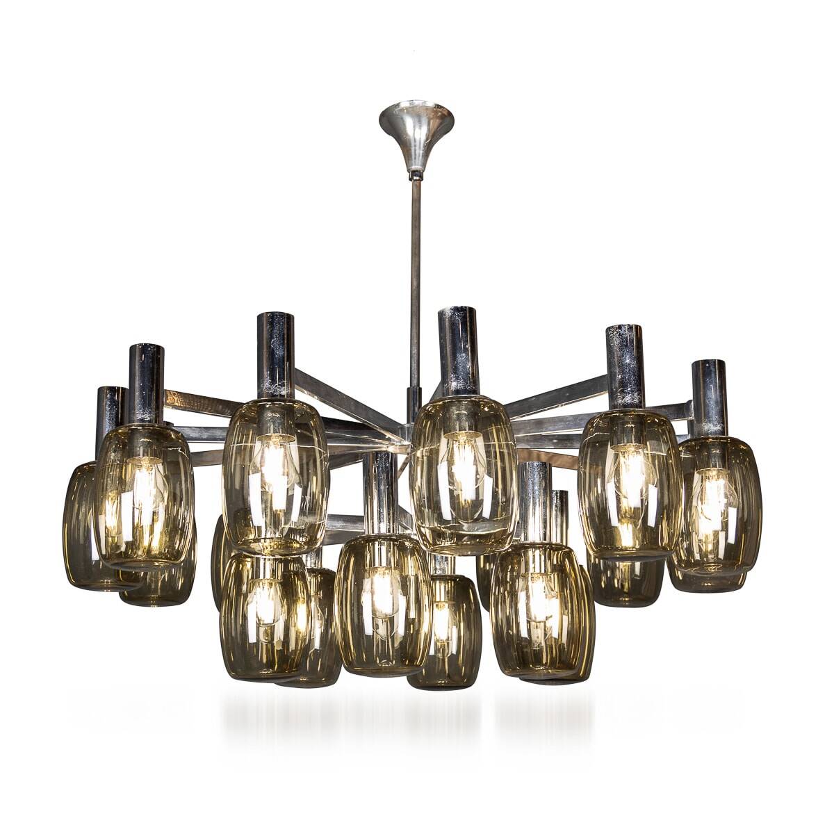 20thC ITALIAN CHROME & SMOKED GLASS EIGHTEEN LIGHT CHANDELIER c.1970