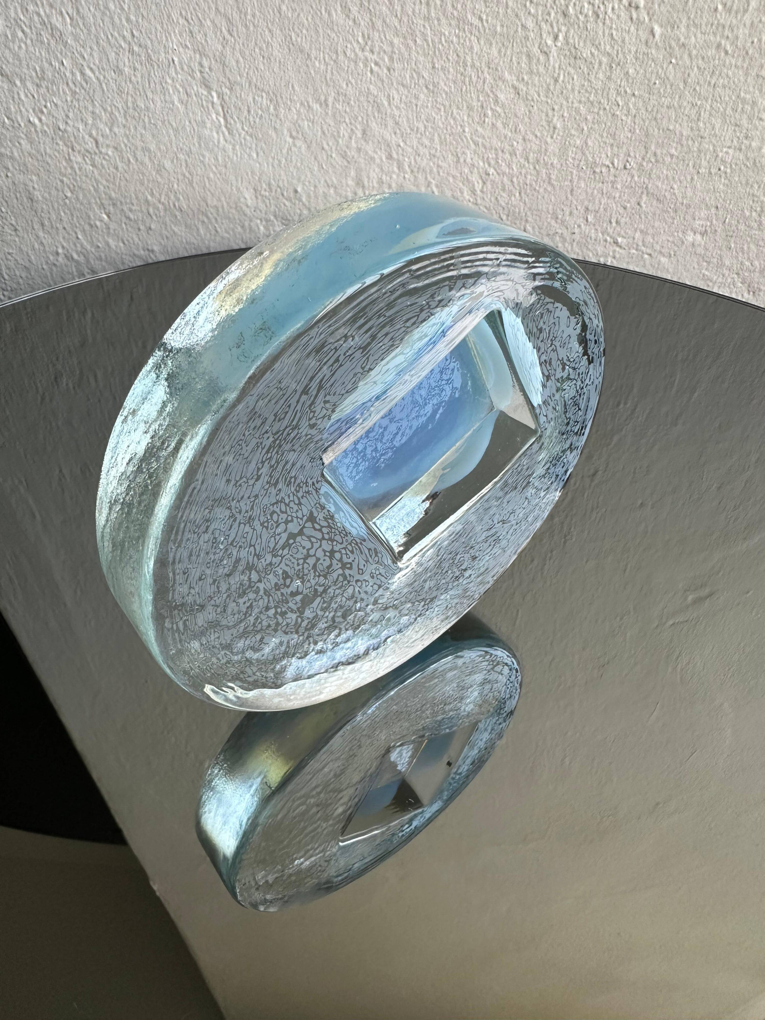 Vintage Mid-Century Murano Glass Ashtray in Frosted Glass with Blue Accents