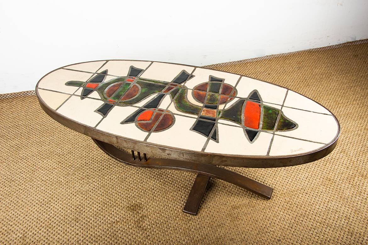 Table basse Française, Acier Chromé et Céramique par Barrois Vallauris 1960