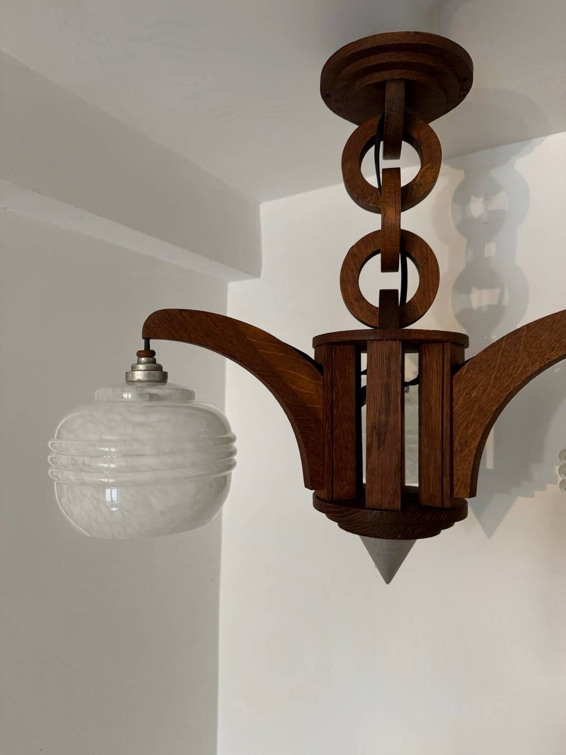 Art Deco chandelier in wood and glass from Clichy