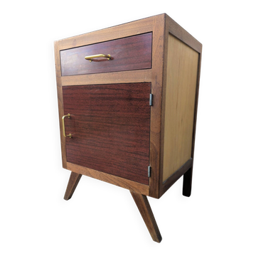 Vintage bedside table from the 50s and 60s with compass legs, Mid Century.