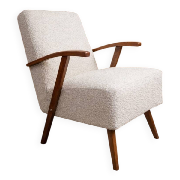 Fauteuil vintage en bouclè perle entièrement rénové, années 1970.