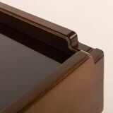 Italian vintage coffee table with bar compartment, walnut and glass, 1970s