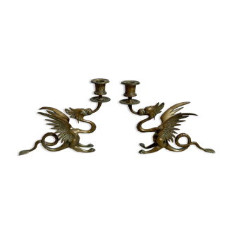 Paire de bougeoirs dragon laiton phoenix griffon