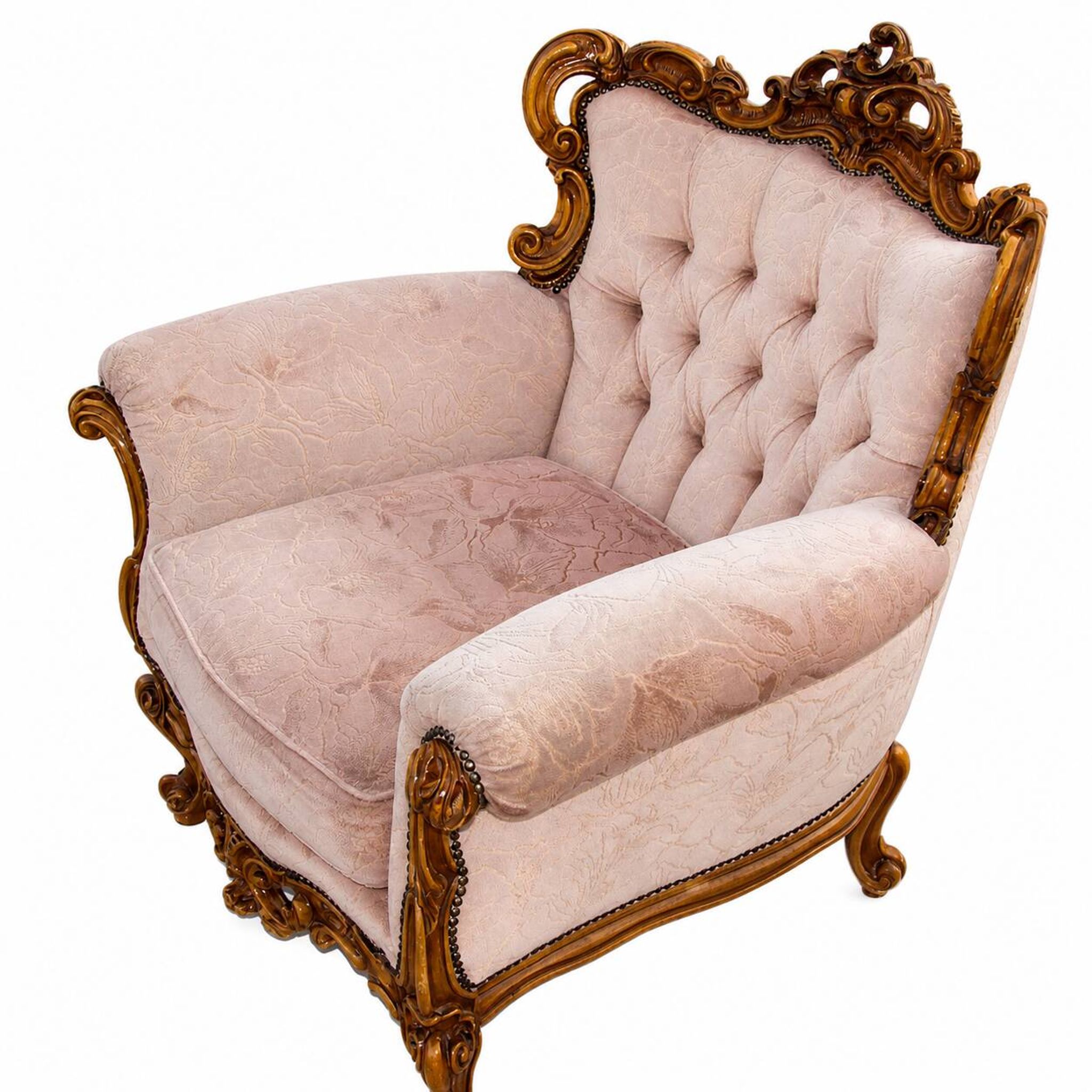 Vintage French armchair, 1960s, carved wood, springs